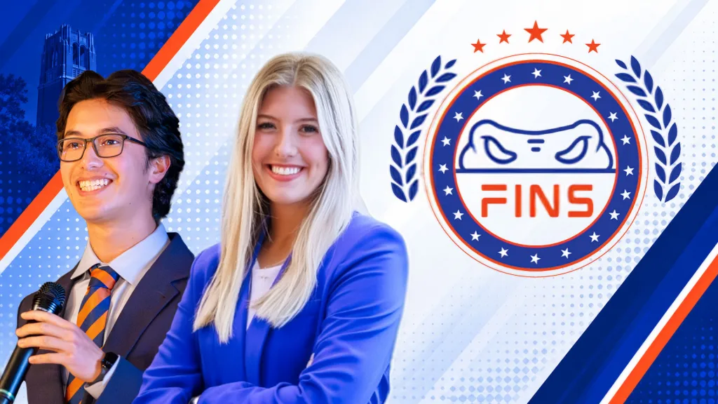 University of Florida engineering students Landon Amaba and Paige Anderson alongside the FINS logo.